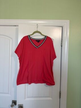 Tommy Hilfiger Coral Pink V-Neck Short Sleeve Top with Striped Trim